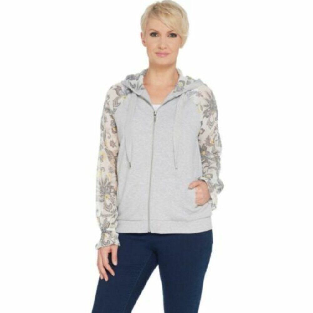 New Susan Graver Terry Jacket with Chiffon Sleeves in Heather Grey | Size M
